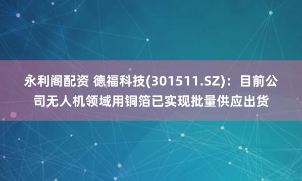 永利阁配资 德福科技(301511.SZ)：目前公司无人机领域用铜箔已实现批量供应出货